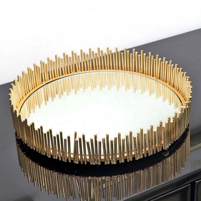 

Nordic style storage box wine set metal luxury exhibition hall round iron mirror tray, Gold