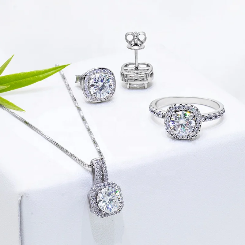 

2ct moissanite engagement ring necklace earring wedding jewelry sets sterling silver moissanite jewelry sets for women