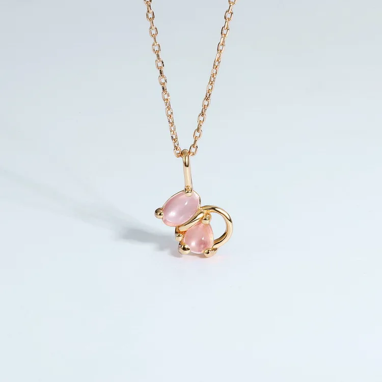 

Handmade Sterling 925 Silver Rose Quartz Pendant Cat Statement Necklace Cute Design