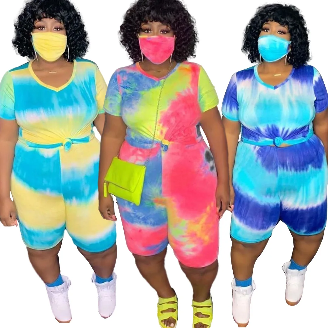 

2021 Casual Fashion Manufacturers Trending Tie Dye Plus Size 5XL Extra Large Womens Clothing 2 Two Piece Shorts Sets For Women, Picture