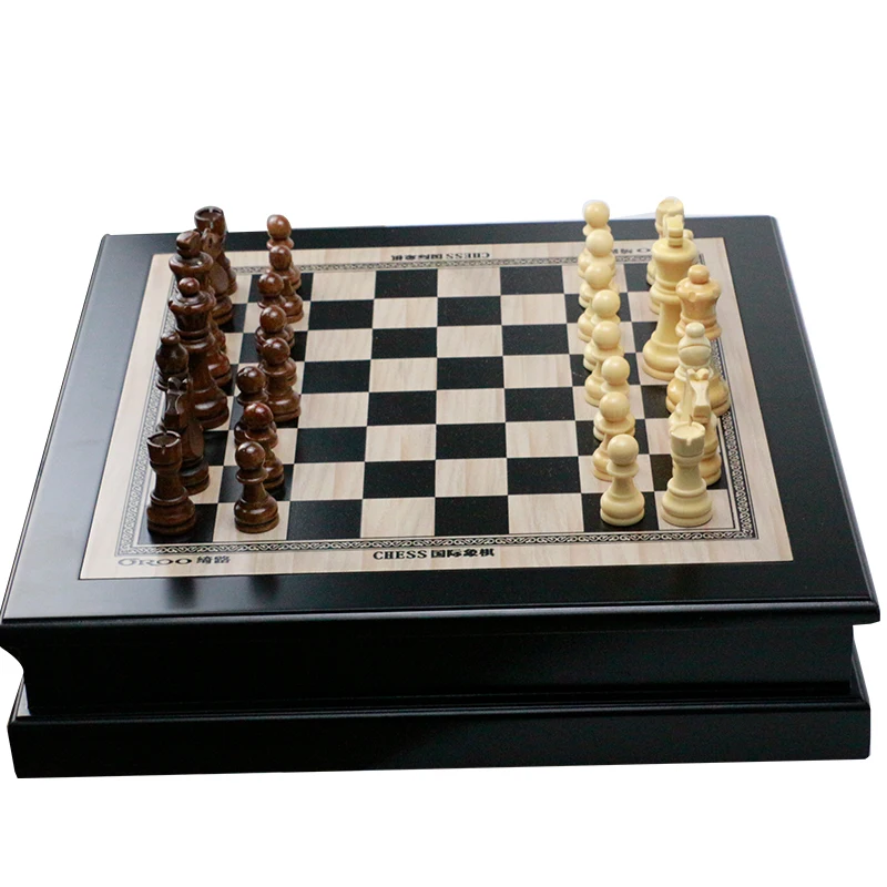 

large black antique engraved luxury chess box set with wood chess pieces