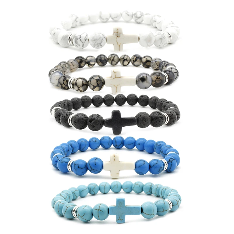 

Hot Selling Wholesale Custom  Cross Charm Beads Stretch Natural Lava Stone Bead Bracelet, As show