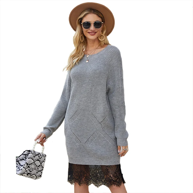 

Custom Europe Spring Ladies Loose Classy Knitwear Long Sleeve Knitting Women Crew Neck Sweater Dress with Lace, Customized color