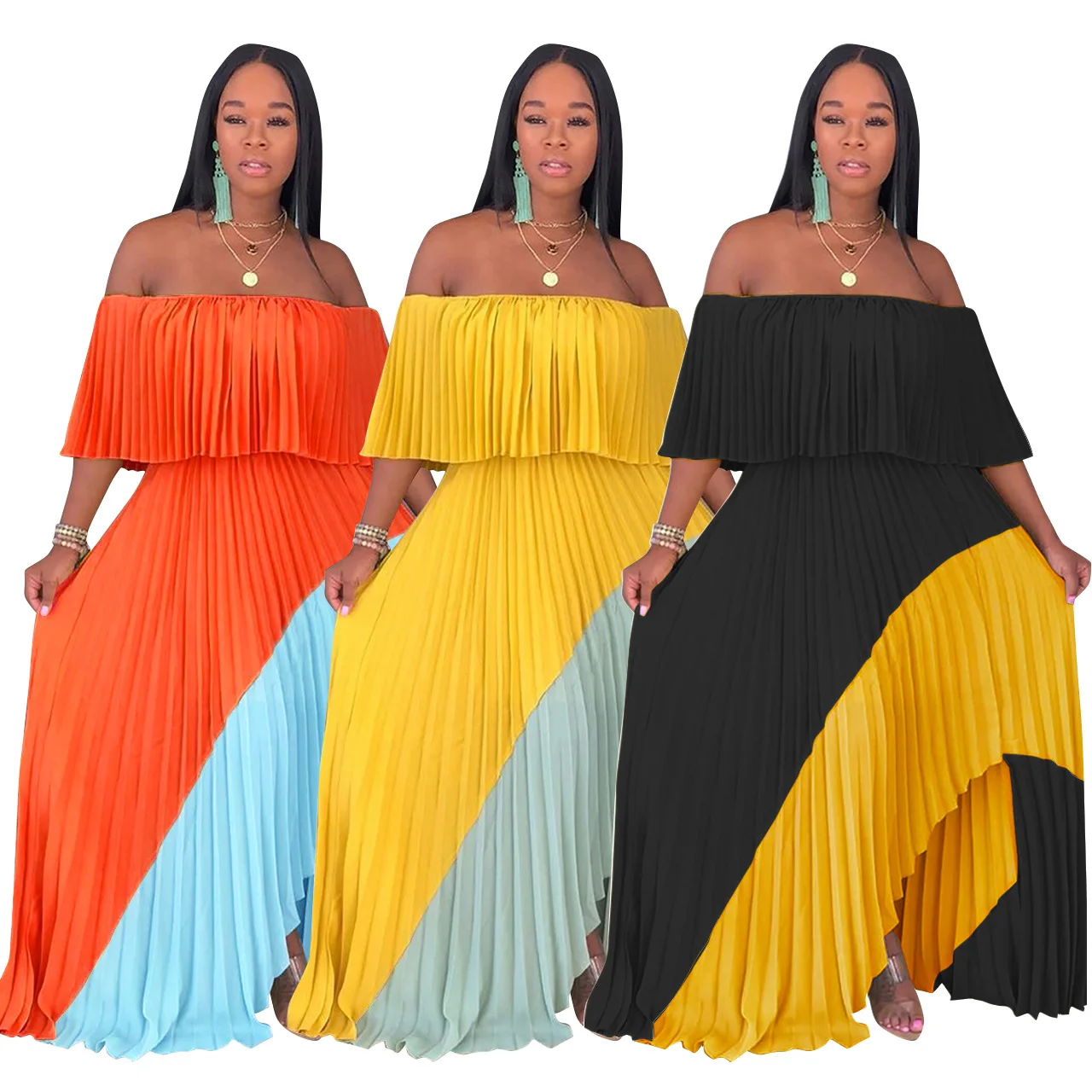 

New Arrive Spring Summer Women Clothing Plus Size Dresses Chiffon Pleated Stitching Contrast Off Shoulder Dress, Customized color