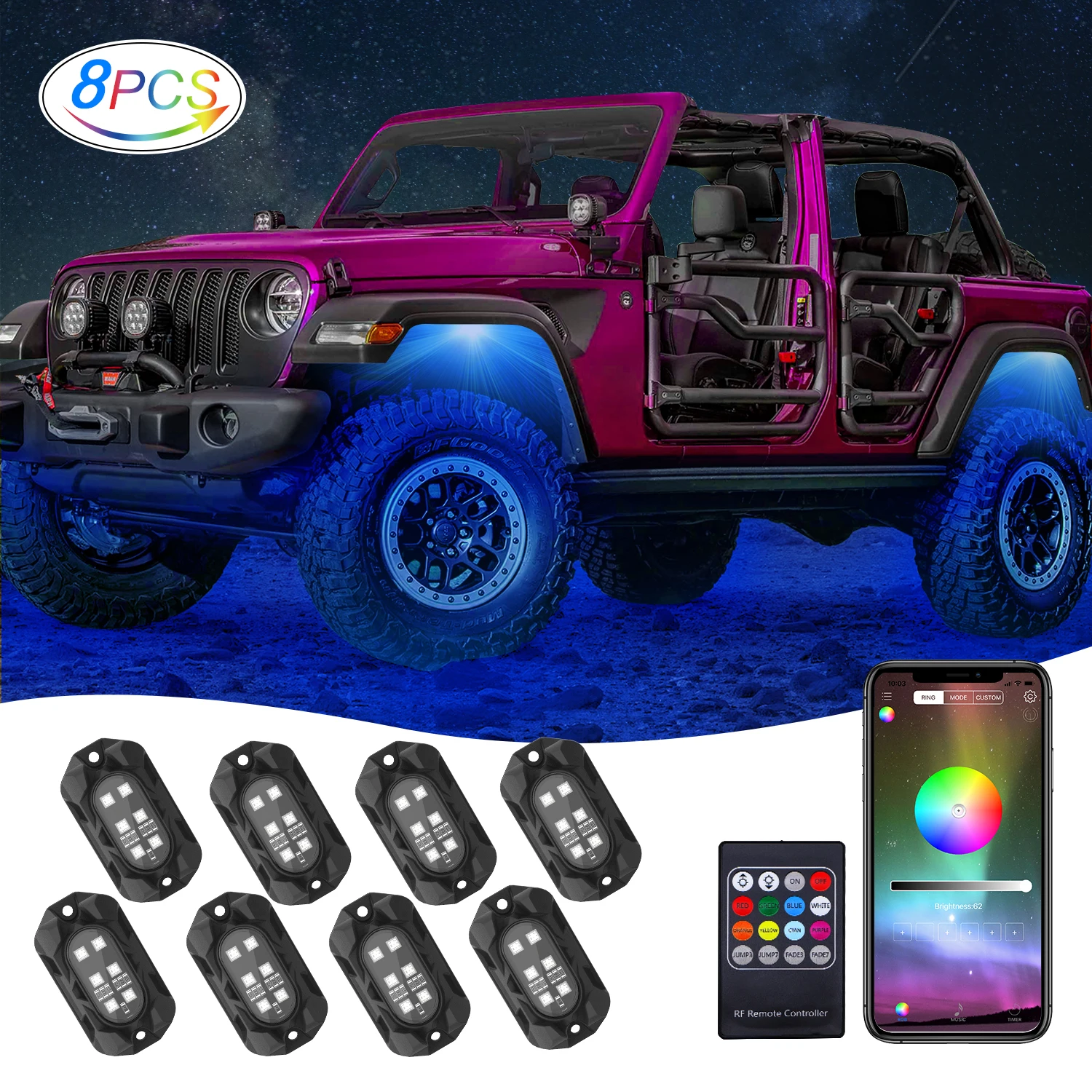 

4 pods 8 pods Remote control 24W 4x4 offroad rgb rock lamp off road truck RGB led rock lights for Jeep Wrangler jk