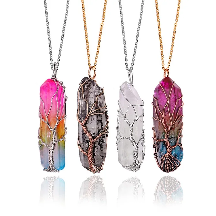 

Natural Stone Life Tree Pendant Necklace Mens Women Jewelry Crystal Hexagonal Column Gemstone Chain Necklaces, Picture