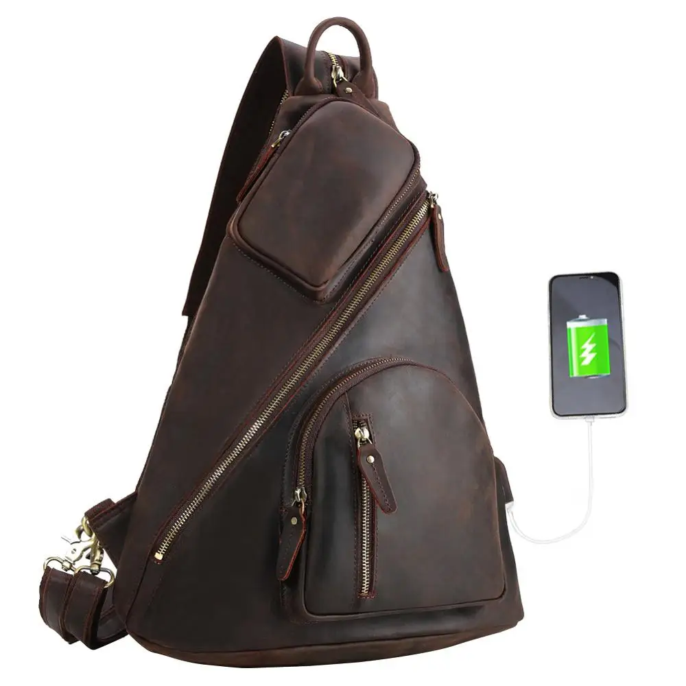 

TIDING Dark brown Mens Genuine Crazy Horse Leather Chest Bag Sling Crossbody Shoulder Bag Casual With USB Charging, Customized color