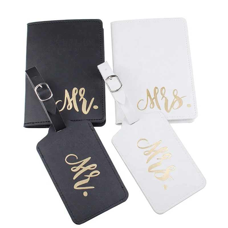 

Mr and Mrs Wedding Luggage Tag PU Leather Passport Holders and Luggage Tag Set, Black and white