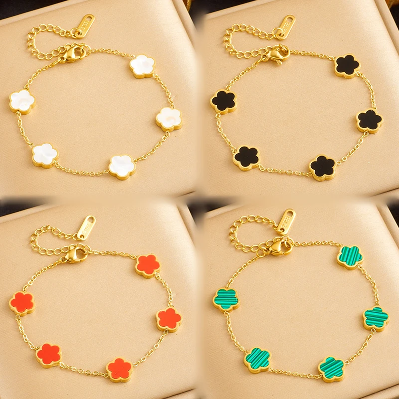 

Simple 18k Gold Clover Flower Bracelet Stainless Steel Adjustable Women Chain Bracelet Fashion Jewelry Accessory Gift