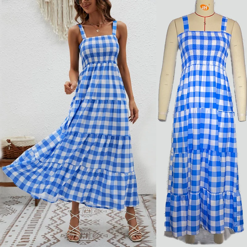 

Autumn Maxi Dress Beach Vacation Casual Dresses Women Clothing New Half Sleeve Plaid Print Arrivals Spring Fall Plus Size