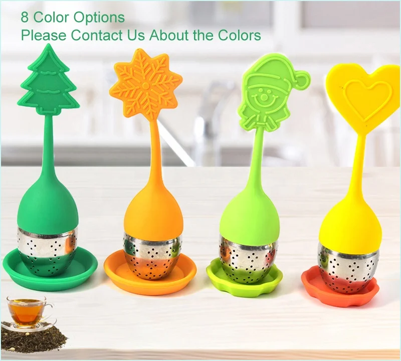 

Wholesale Christmas Silicon Black Tea Leave Strainer Stainless Steel Loose Leaf Tea Infuser Spring Handle, Green, blue, orang, yellow, customized