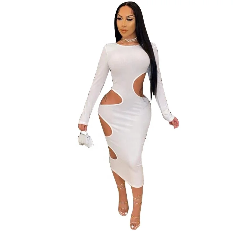 

Custom Logo Solid Color Long Sleeve Cut Out Bodycon Elegant Women Summer white Dress