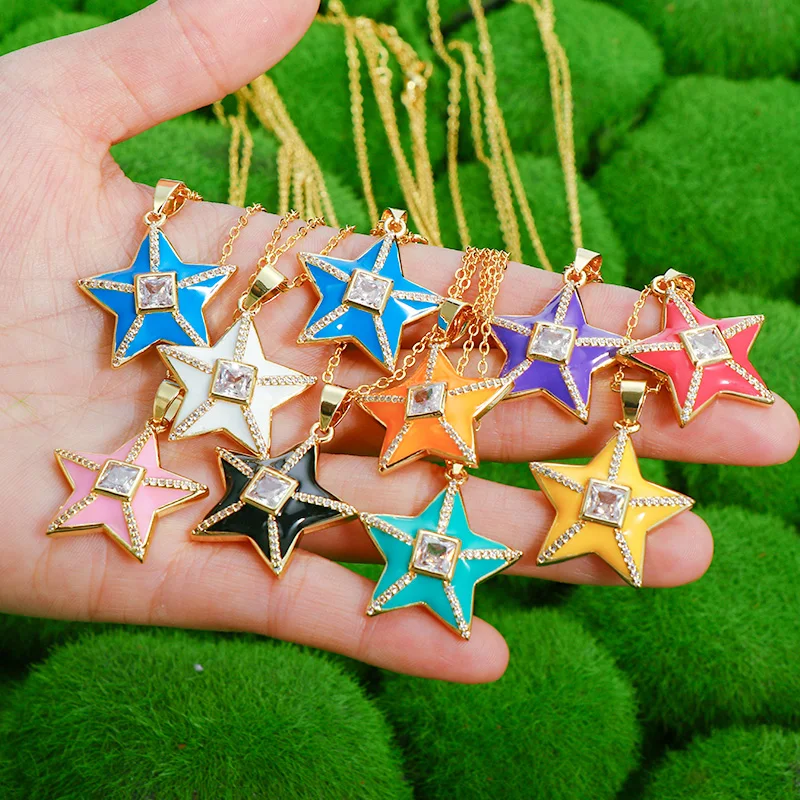 

Colorful Oil Drop Crystal Rhinestone Star Necklace Real Gold Plated Diamond Enamel Star Pendant Necklace For Women, Customized color