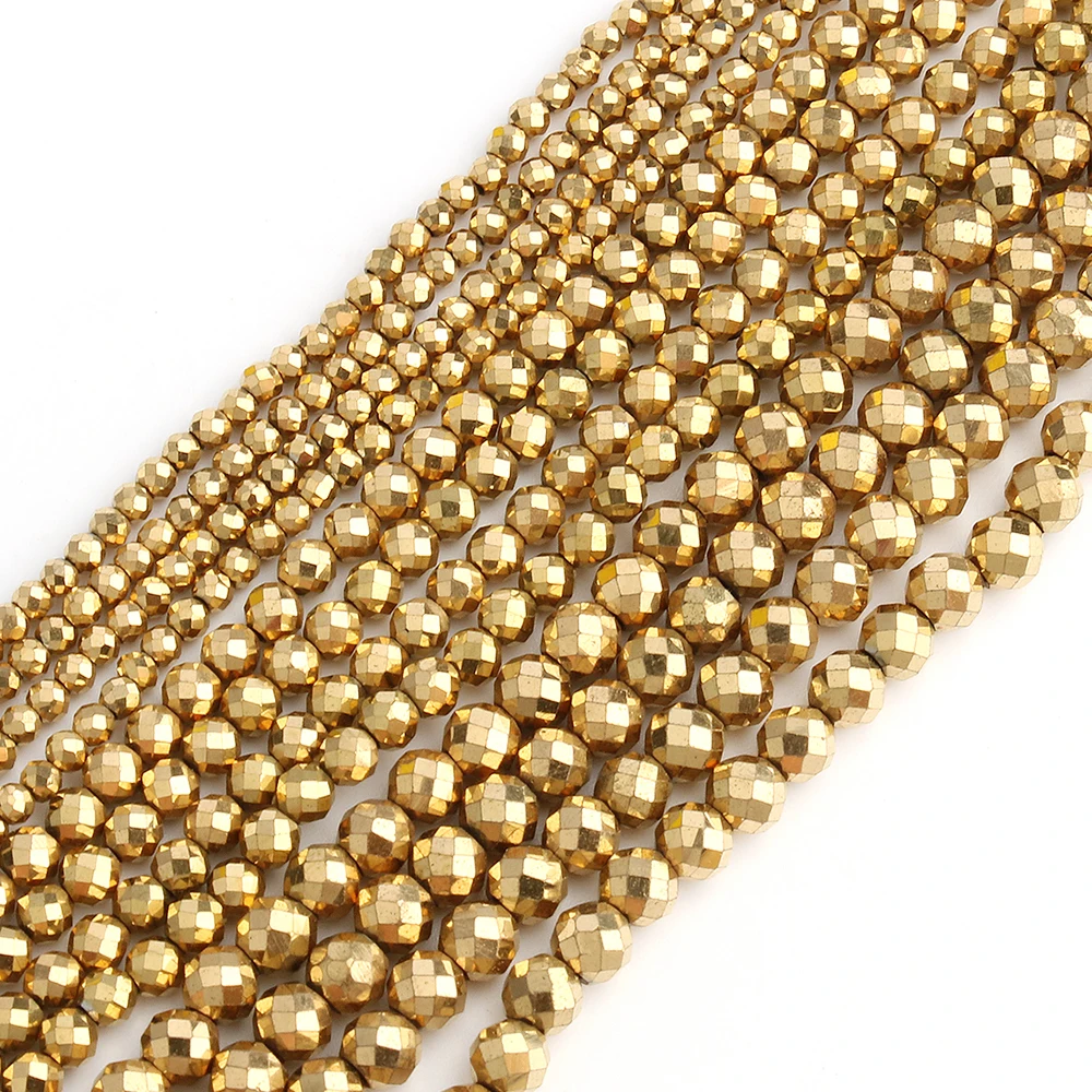 

Natural  Real Gold Plated Faceted Round Hematite Stone Beads for Jewelry Accessories Bracelet DIY Making
