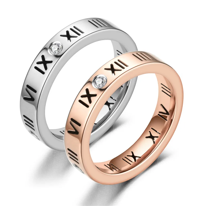 

Wholesale Titanium laser letter Ring crystal Roman numeral couple rings
