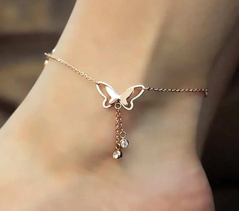 

Hot Selling Foot Jewelry Temperament Hollow Butterfly Double Diamond Tassel Rose Gold Anklet Rose Gold Wholesale, Silver,gold