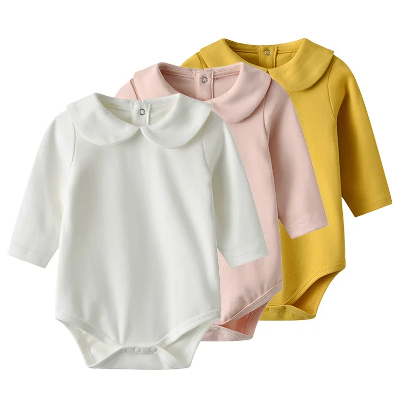 

baby infant solid back button rompers winter 100% cotton newborn girls peter pan collar organic cotton bodysuit, Picture