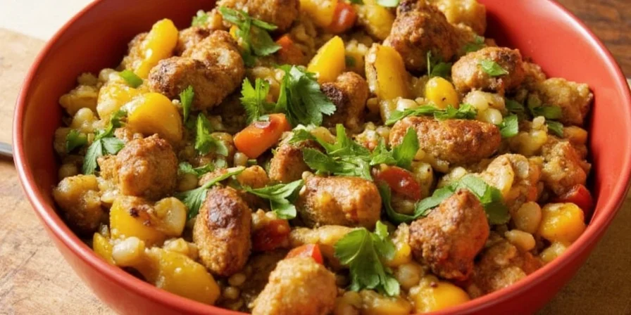 Close-up of finished Doro Wat served on Injera with colorful sides