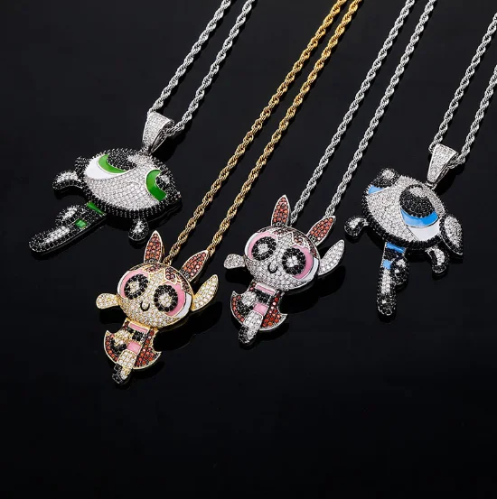 

Men Custom Hip Hop Micro Insert Gold Plated Bling Rhinestone Zircon Copper Alloy Powerpuff Girls Charms Pendant Jewelry
