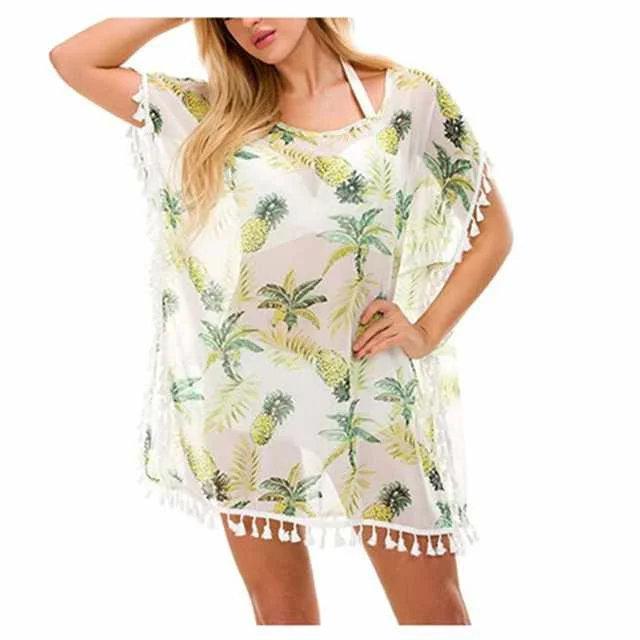 

2021 Summer Breathable Fashion Printed Fringed Beach Bikini Cover Up, Picture color