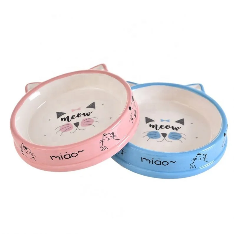 

Jhcentury Creative Cartoon Cat Face Round Ceramic Pet Bowl Dog Pot Pet Drinking Bowl, Pink blue