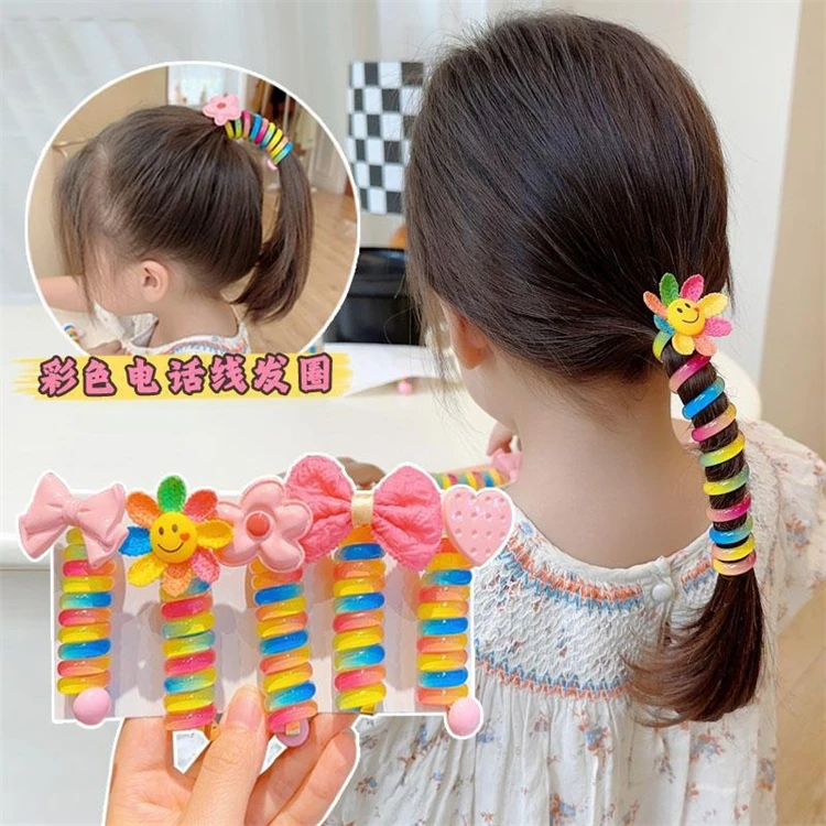 

Kids curly phone line hair ties high ponytail non-damaging high elastic hair ties cute rubber band hair accessories