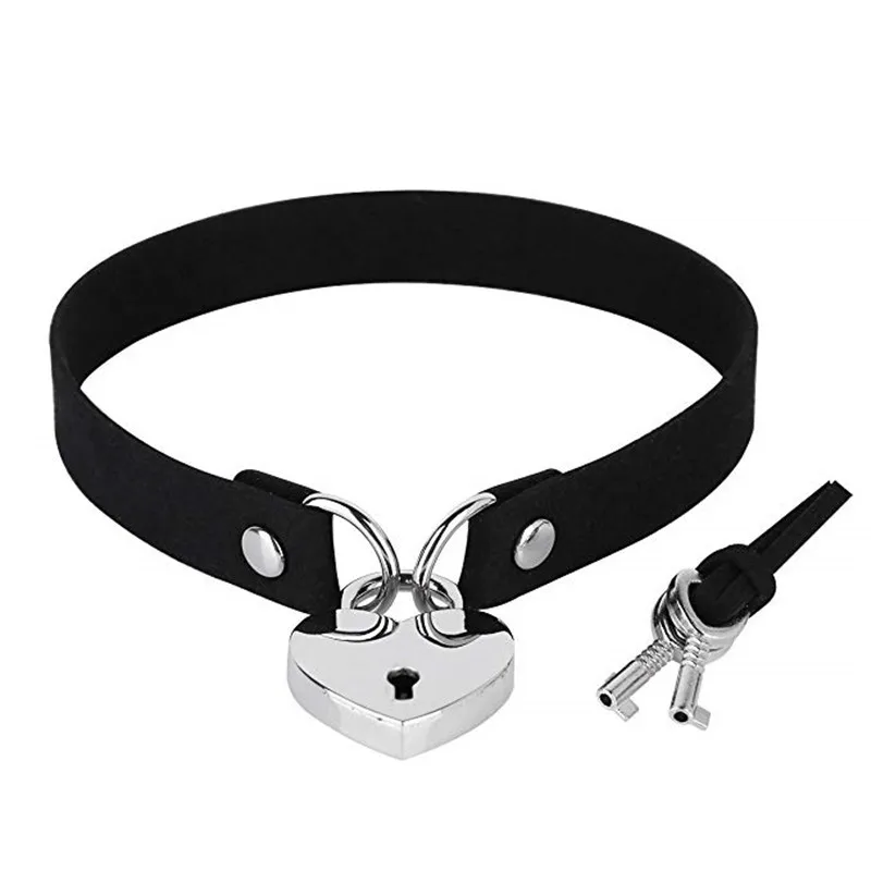 

Wholesale Trendy Sexy Punk Gothic Heart Lock and Key Studded Necklaces solid color Velvet leather Choker Necklace, Picture