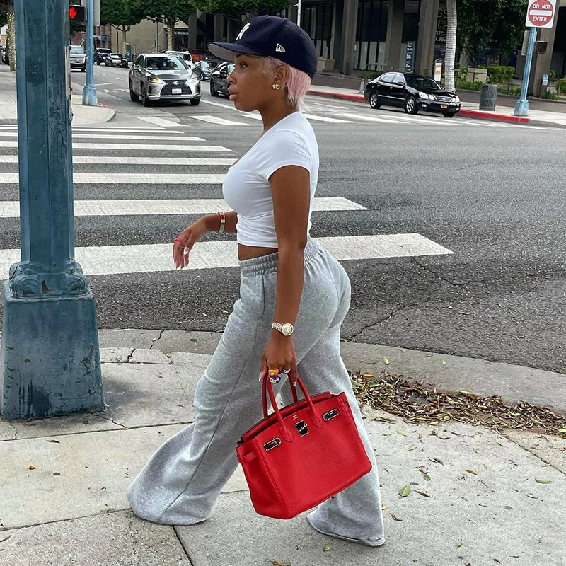 

new arrivals 2021 fall high waist gray cotton loose sport jogger wide leg sweatpants women's pants& trousers