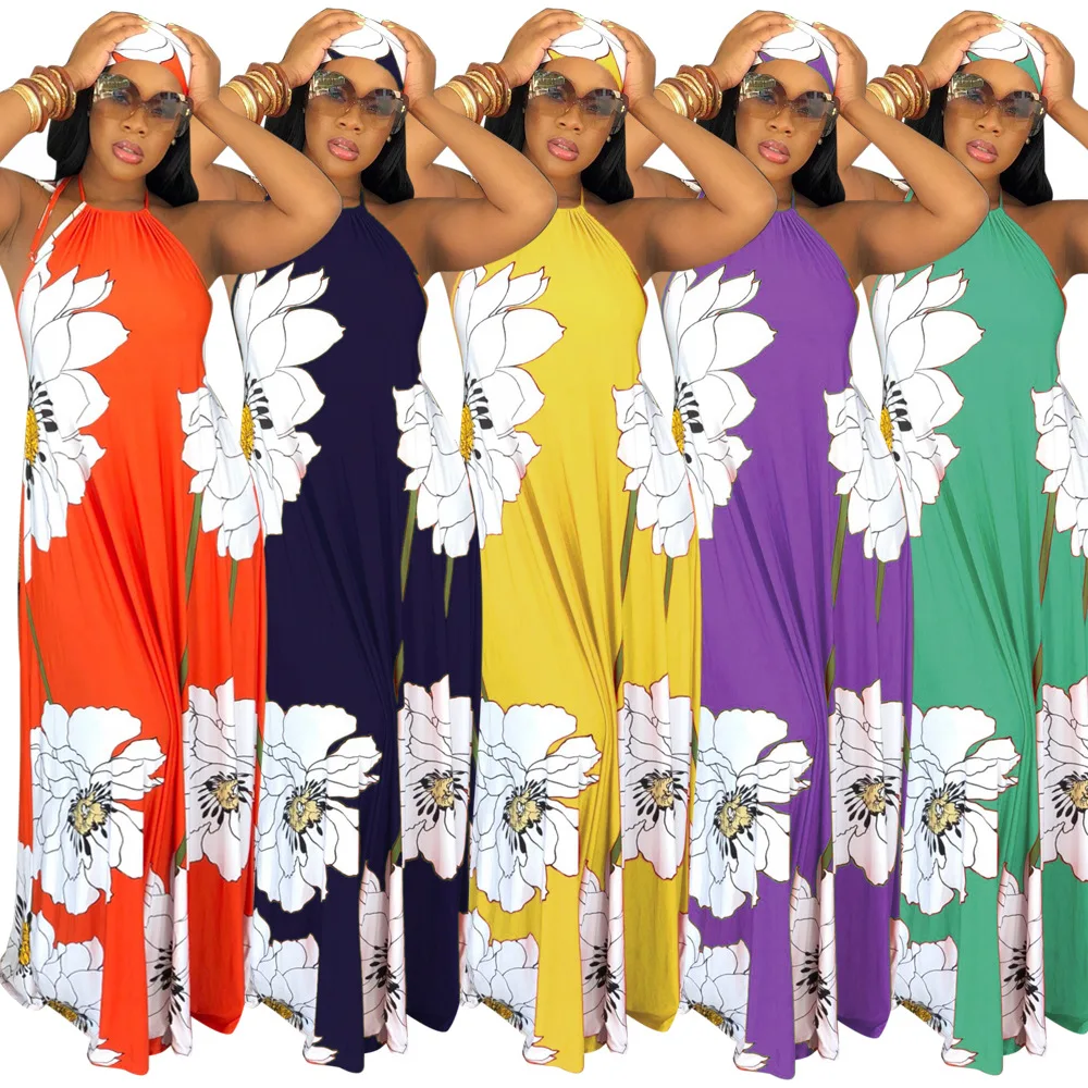 

Summer Casual Bohe Dresses Sleeveless Off Shoulder Lotus Print Maxi Dress Withe hadscarf Loose Beach Dresses Summer, Pink ,yellow ,purple