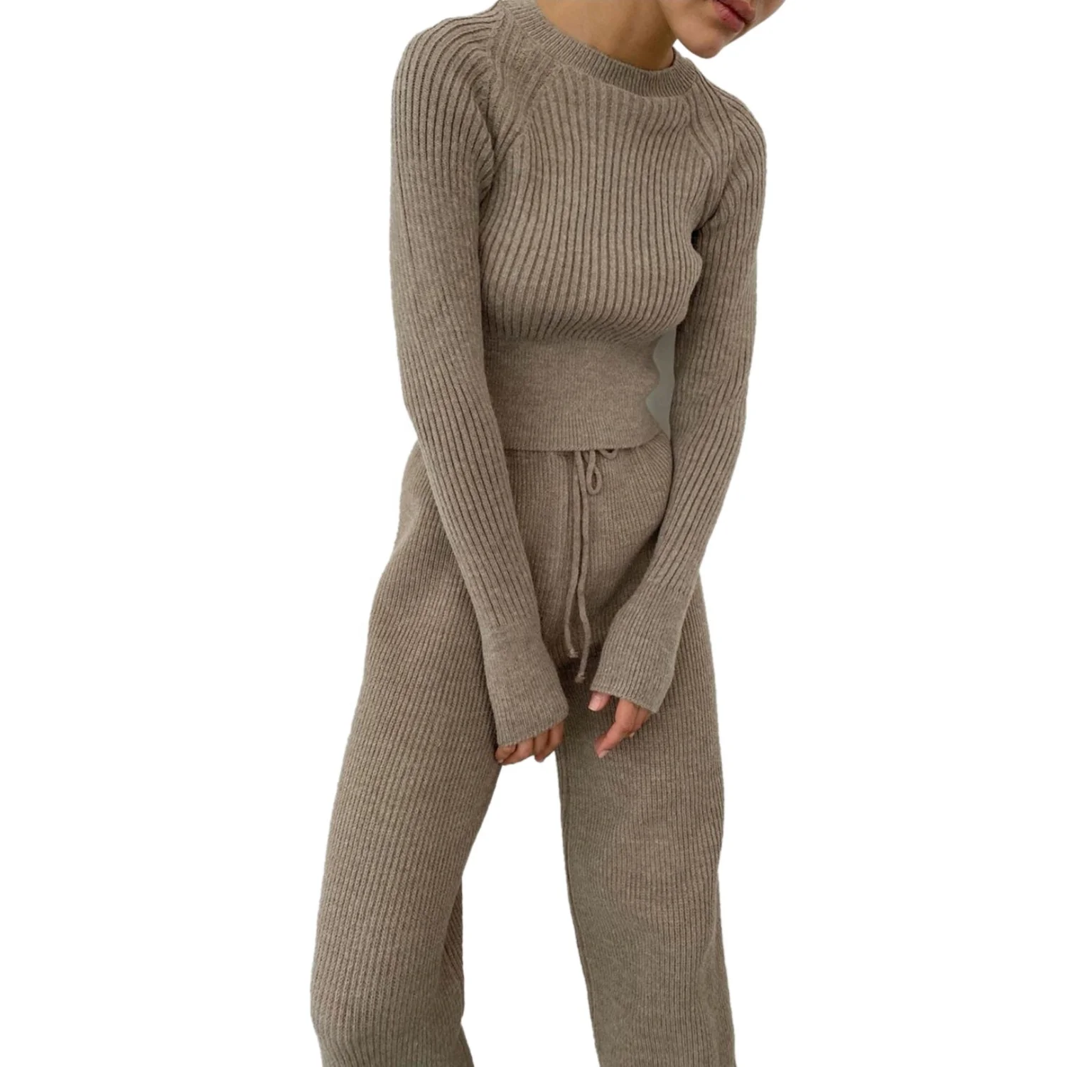 

Autumn/winter 2021 Women's Wide Leg Pants Long Sleeve Pure Color Warm Sweater Set Female Fashion Sweater Knitted Sweater Suit