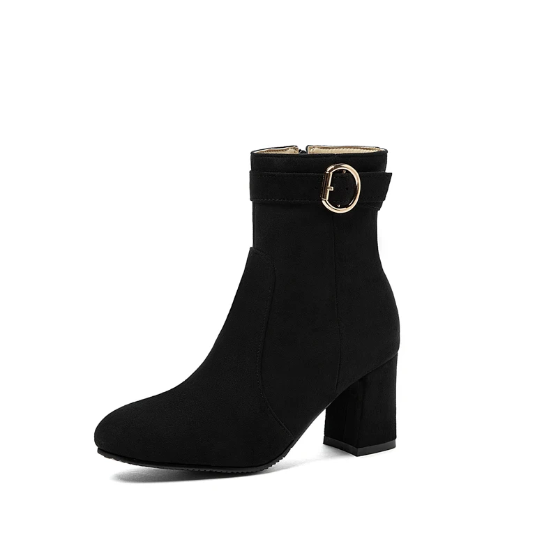 

New Round Head Suede Leather Side Zip Belt Buckle Women's Boots, Black/wine red