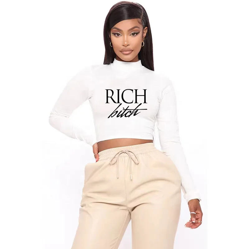 

High Quality Cotton Crop Top Tshirt Femme Women Skinny Custom Print Crop Tshirt Polyester Crop Top T-shirt, Black white