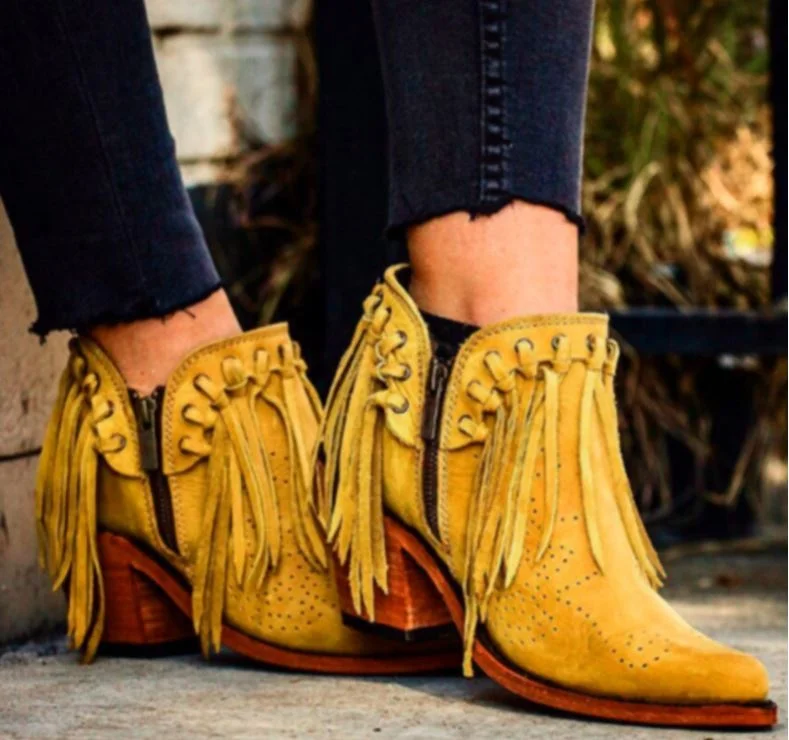 

Women's boots 2020 new fashion high heels women's shoes autumn and winter warm low tube fringe boots drop shipping, Yellow