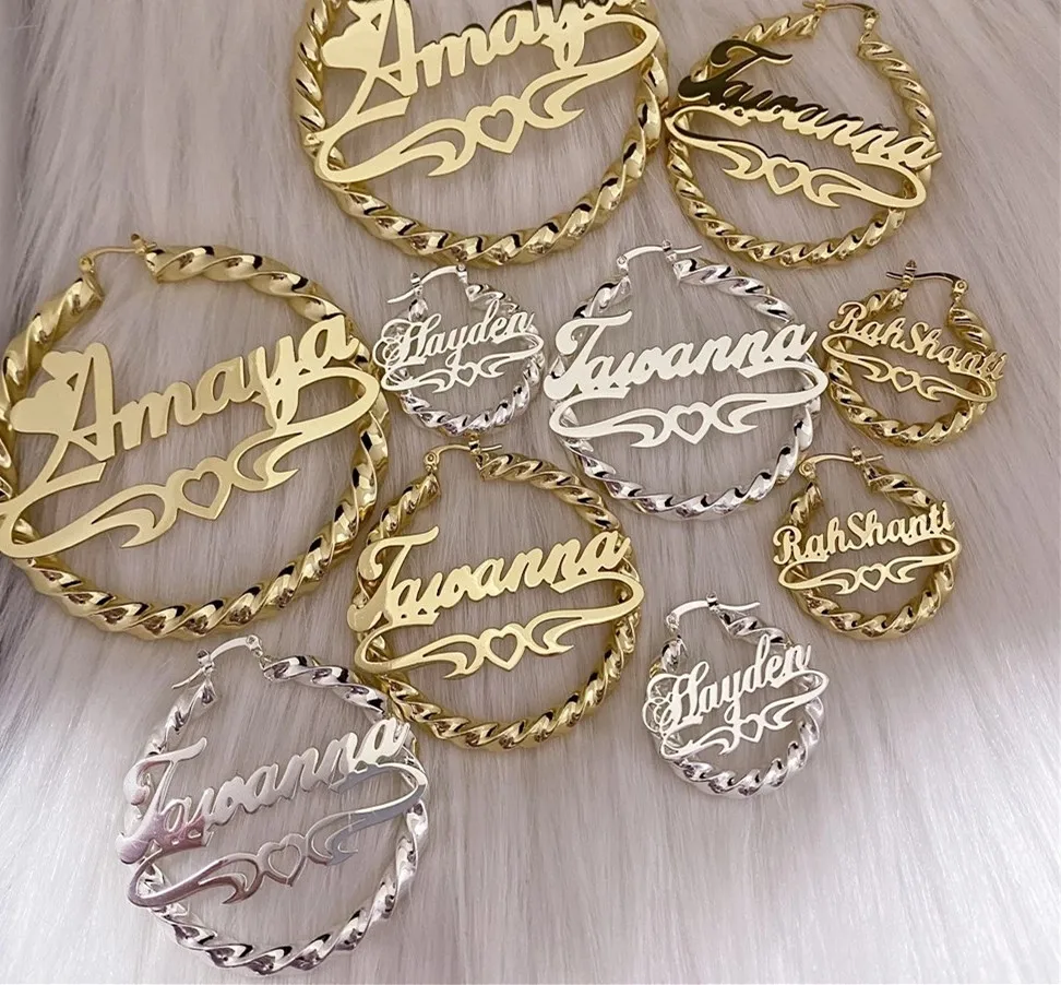 

Personalized Bamboo Name Custom Earrings With Logo, Gold, silver, rose gold