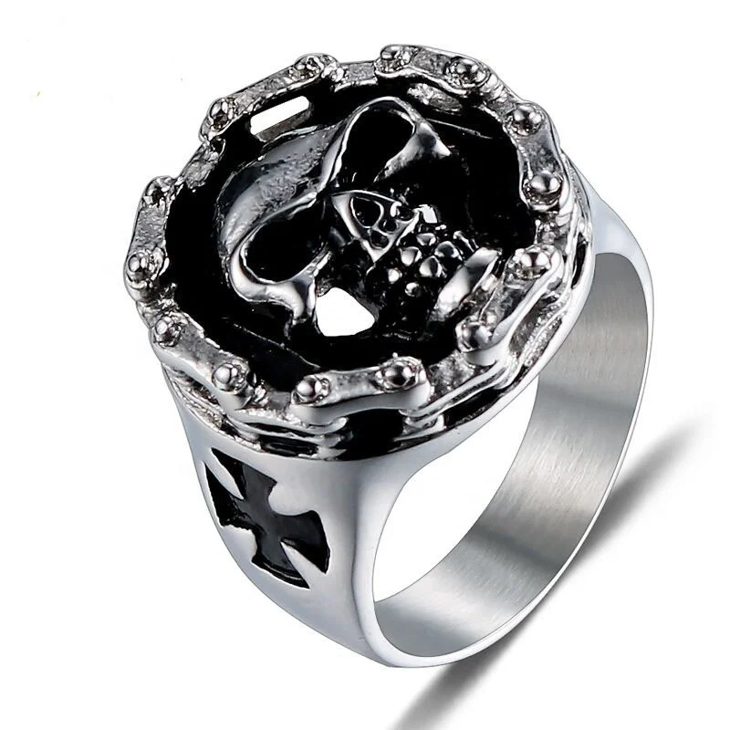 

High Quality Hot Selling Fashion Europe And America Style Jewelry Ring 316L Stainless Steel Vintage Chain Skull Rings, Silver