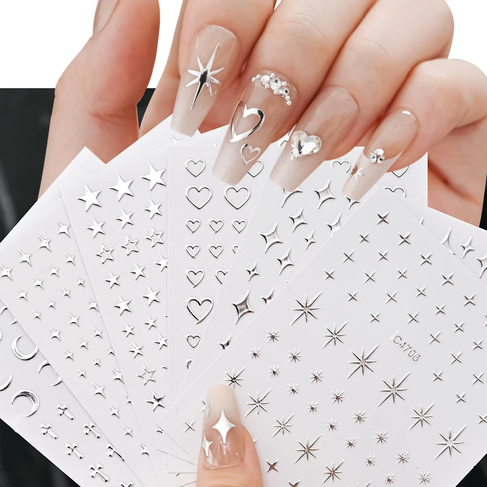 Metallic Silver Chrome Star Heart Moon Cross Nail Stickers 3D Bronzing Holographic Heart Star Sliders Gel Polish Decal Sticker