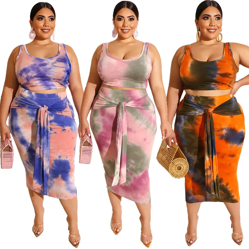 

2021 summer tight-fitting sexy two-piece tie-dye printing suit with hips and navel, plus size women's clothing
