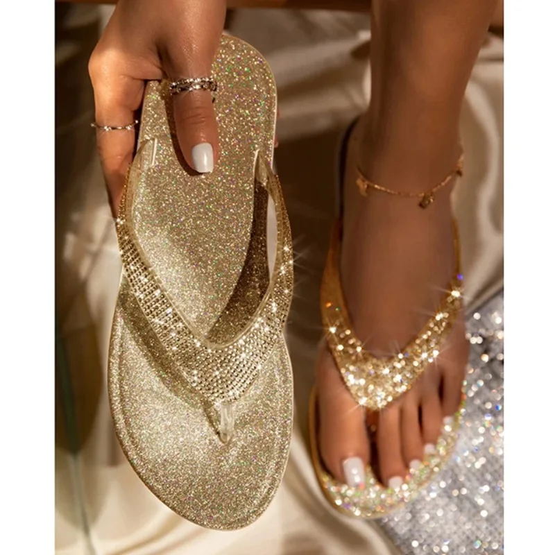 

High Quality Rhinestone Flat Slide Summer Flip-Flops Slippers For Women Bling Sandals