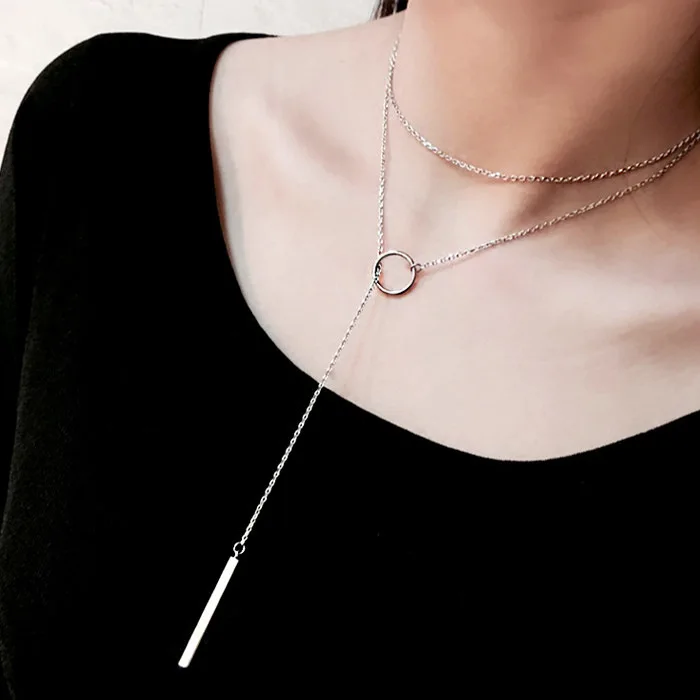 

Minimalist Sterling Silver Choker Chain Necklace 925 Silver Small Circle Long Bar Pendant Necklace For Women