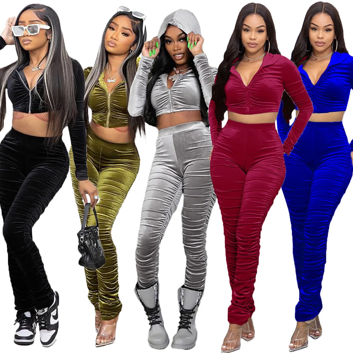 

2022 New Summer 2pc Velour Tracksuit For Women Custom Crop Top Hoodie Velvet 2 Piece Set Women Two Piece Stacked Pants Set