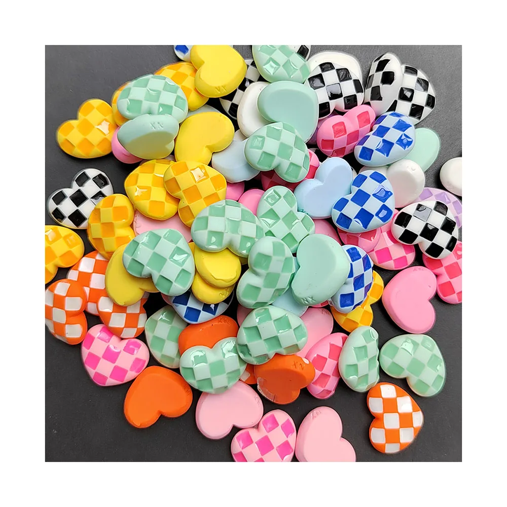 

100Pcs 14*17MM Mixed Color Valentine Heart Cabochons Undrilled Flatbacks Grid Heart Resin Embellishments For Jewelry Making