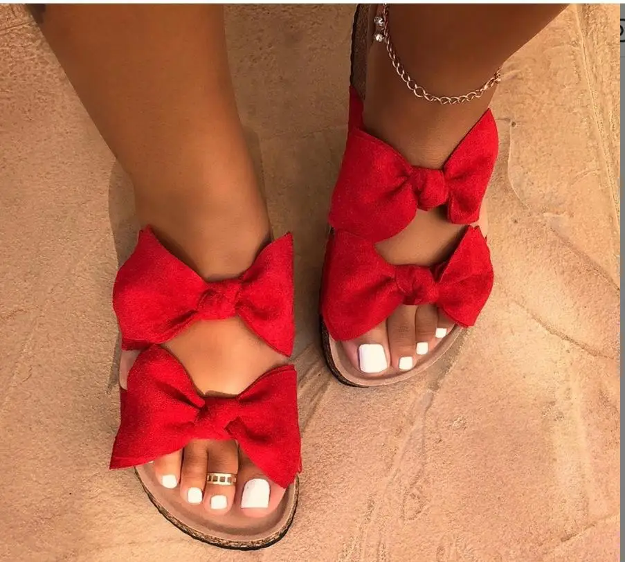 

2021 Hot Sale Fashion Bowknot Sandals And Slippers Women'S Large Size Flat Outdoor Beach Slippers