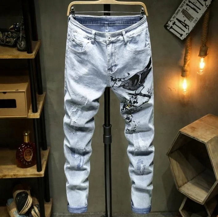 

Jhcentury Blue Letter Printed Casual jeans Slim Trousers