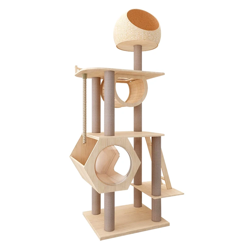 

Hot Selling Luxury Bird's nest High Quality Modern Large cat Climbing Framee Solid Wood Cat Condo House Tower Cat Tree, Yellow