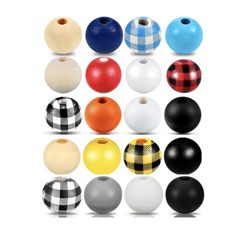

DIY craft 120 pieces wood round beads Christmas polished colorful mixed wooden plaid beads