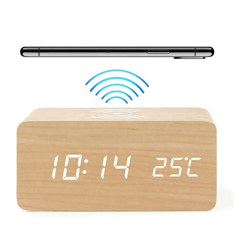 

Popular Led Digital Wooden Table Alarm Clock Voice Control Wireless Charger Clock