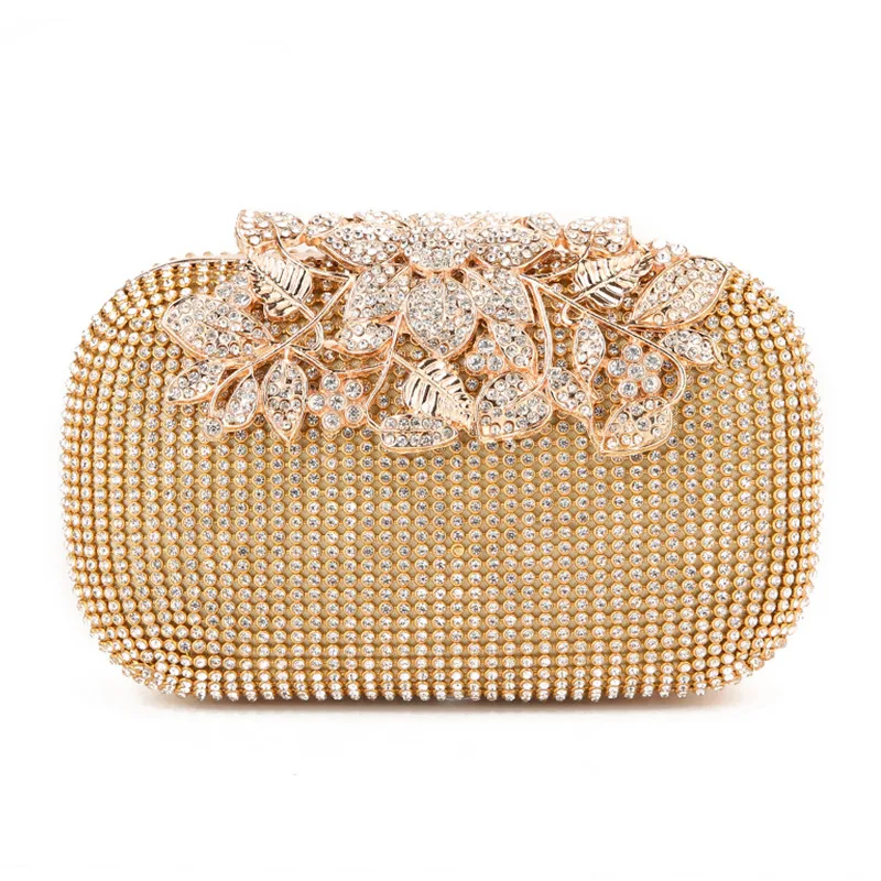 

New 2019 Luxury Diamond Gold Silver Black clutches wedding evening purse Bling Fashion Flower rhinestone clasp clutch bag purse, Silver apricot