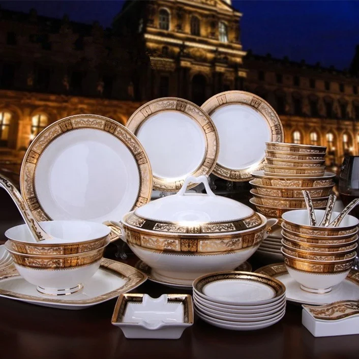 

New Product 52 Pcs Western Europe Luxury Relief Palace Bone China Dinnerware Sets