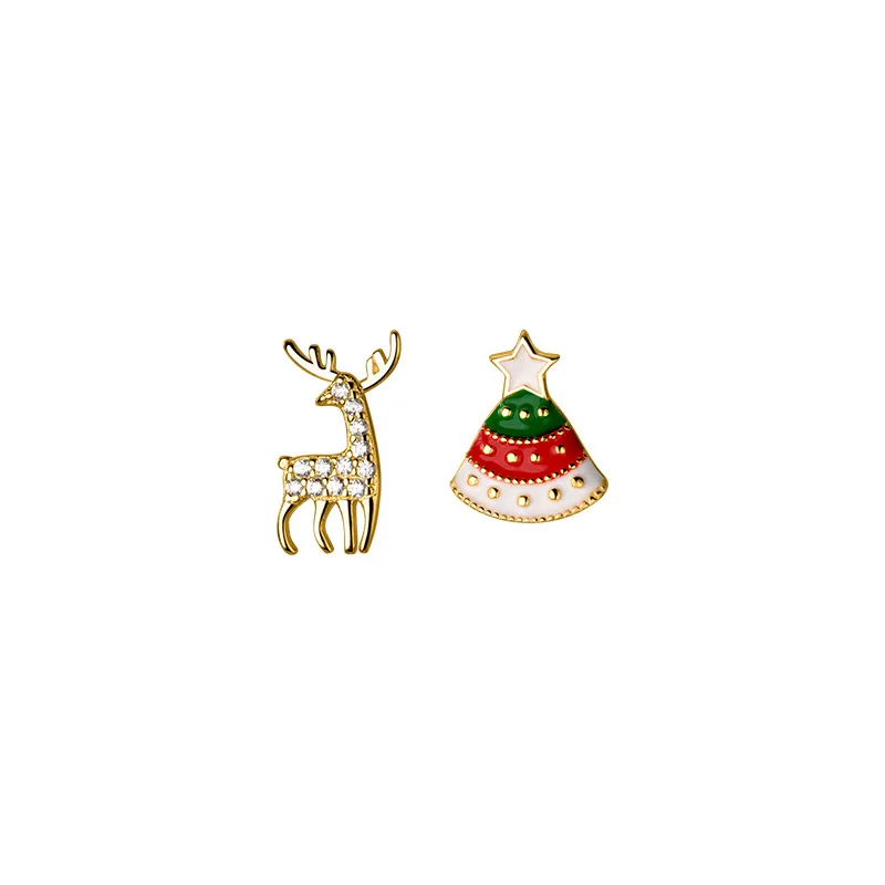 

925 silver asymmetrical Christmas tree Elk deer zircon oil drip gold plated stud earrings for women christmas gifts