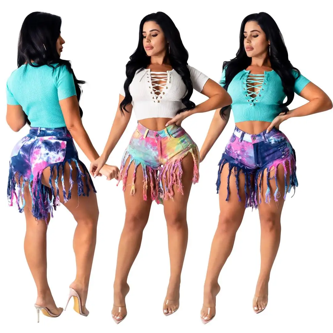 

Summer Leisure Fringed Fleece Tie-Dye Denim Shorts Women's Jeans Casual Pants 202006083797